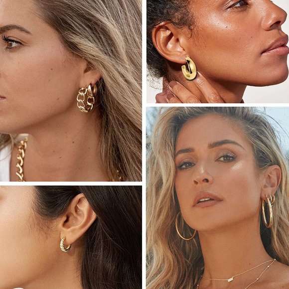 New 45 Pairs Gold Hoop Earrings for Girls Women Multipack, Chunky Pearl Twisted - Picture 3 of 9